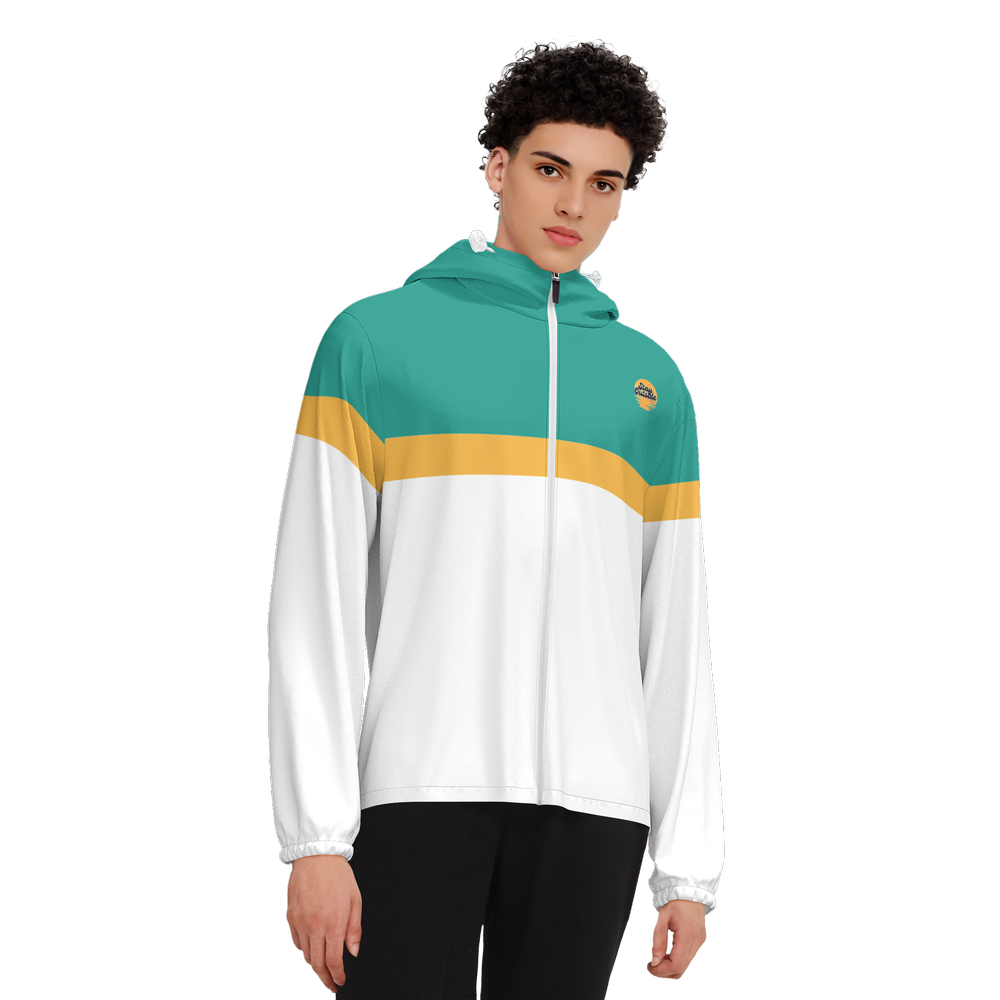 Teal w/ Sunny Yellow UPF50+ Full-Zip Hooded Windbreaker Jacket - Water Resistant