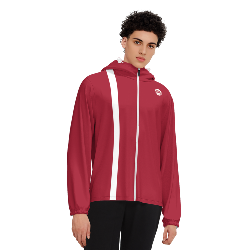 Crimson w/ White Stripe UPF50 Unisex Full-Zip Hooded Windbreaker Jacket
