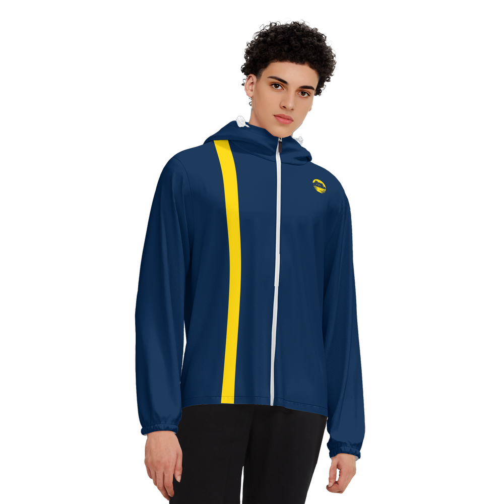 Sunny Day Bros Navy w/ Gold Stripe UPF50 Unisex Full-Zip Hooded Windbreaker Jacket