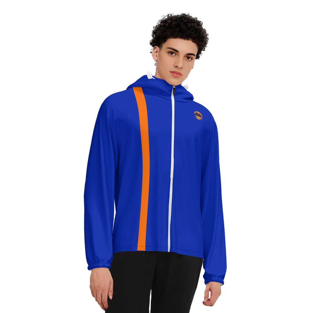 Blue w/ Orange Stripe UPF50 Unisex Full-Zip Hooded Windbreaker Jacket