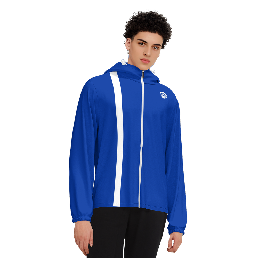 Blue w/ White Stripe UPF Unisex Full-Zip Hooded Windbreaker Jacket